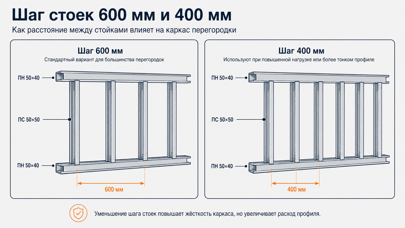 Схема шага стоек 600 мм и 400 мм в перегородке из гипсокартона